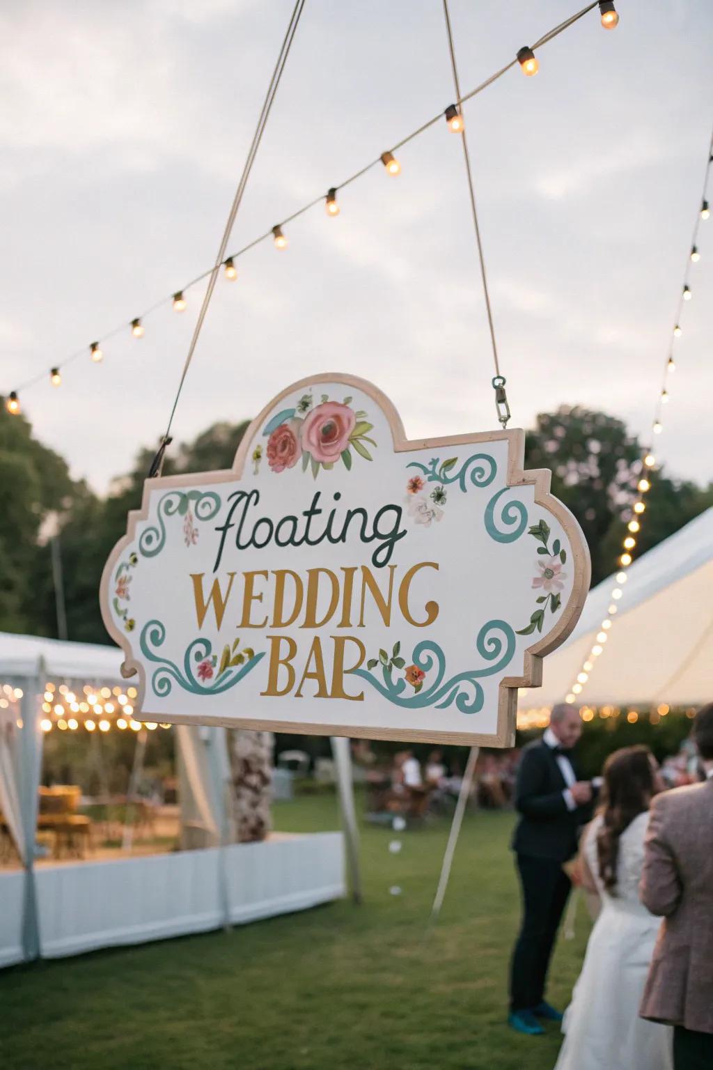 A whimsical suspended bar sign with clear lines.