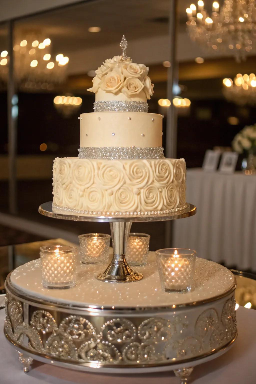Mirrors inject reflection and illumination into the cake display.