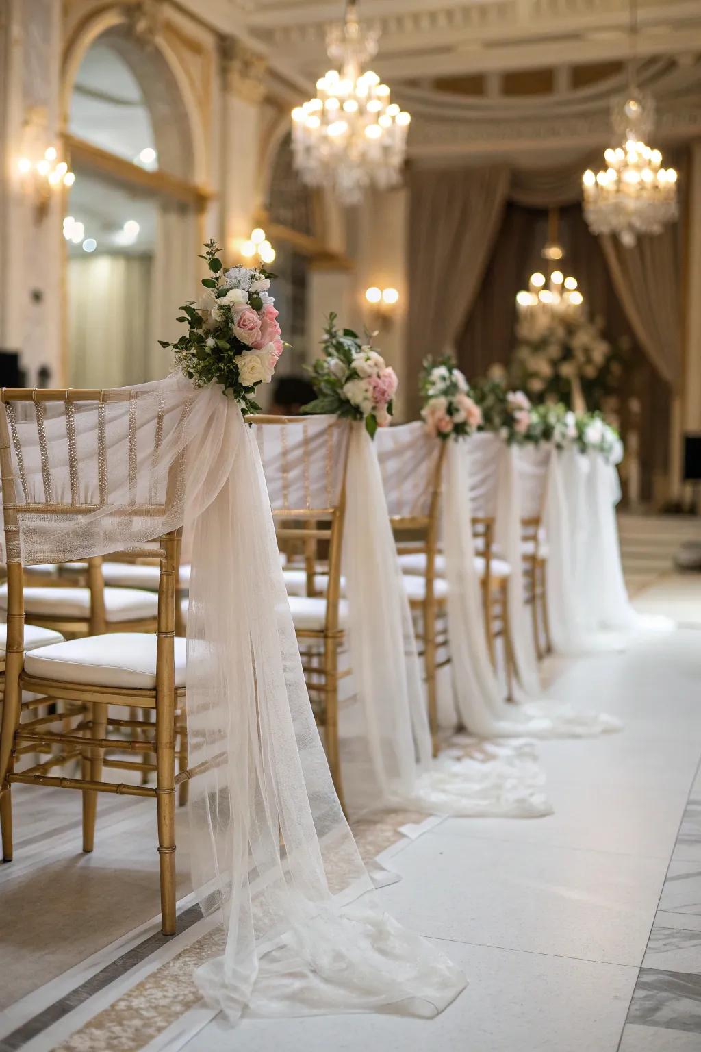 Translucent overlays provide understated sophistication to wedding aesthetic.