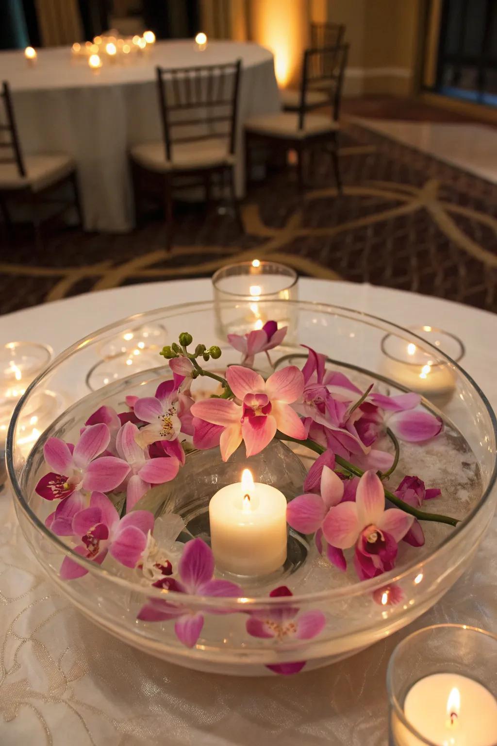Floating flower centerpiece with orchids and candles