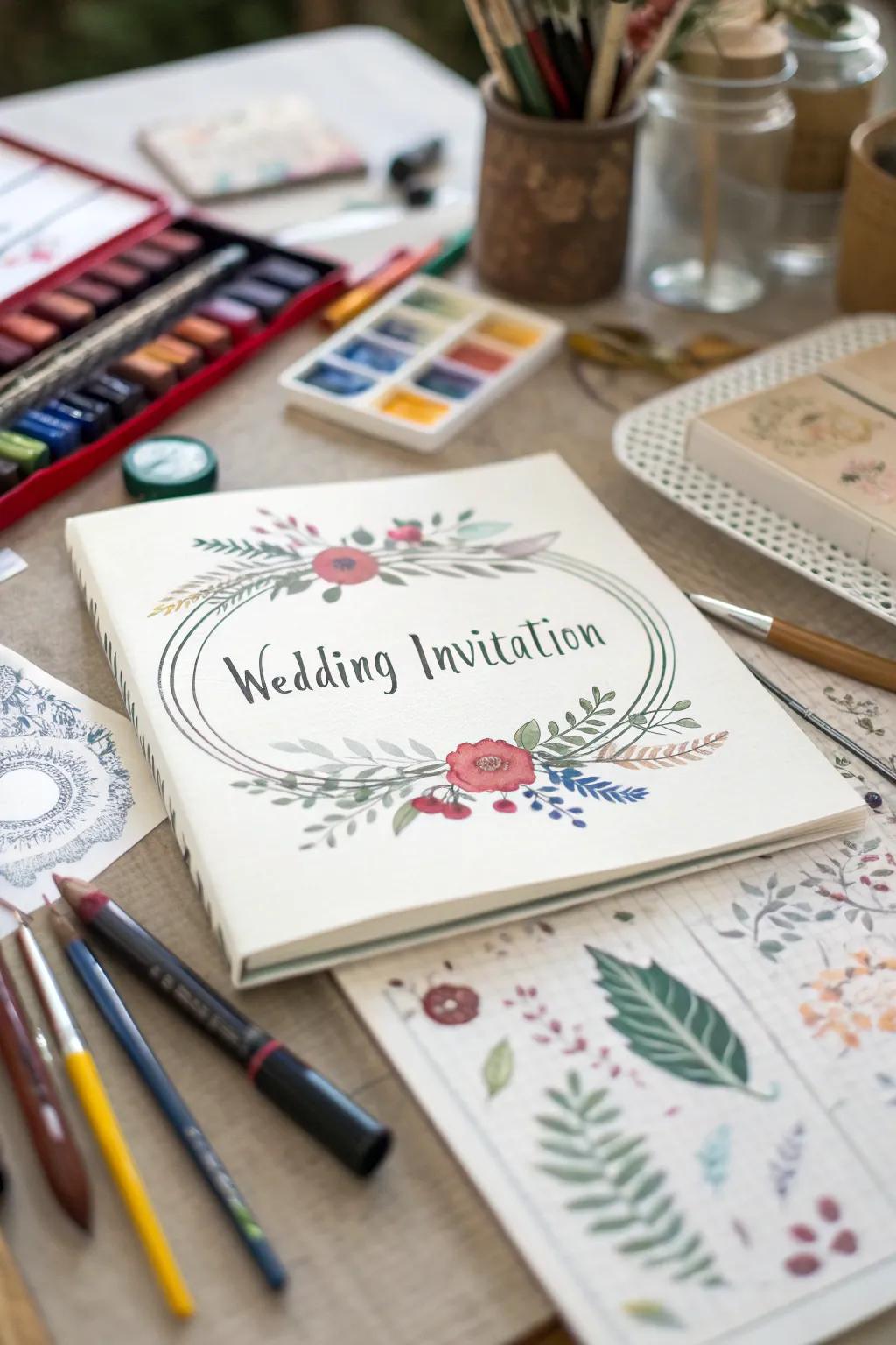 Artistic wedding announcement featuring bespoke illustrations.