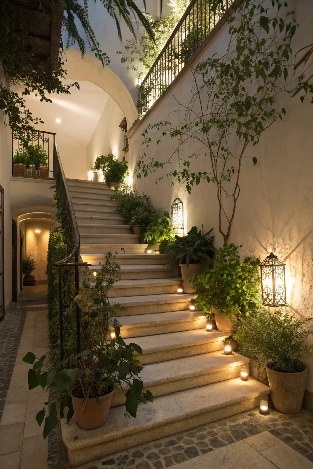 A garden pathway ambiance transports the vitality of the outdoors to this staircase.