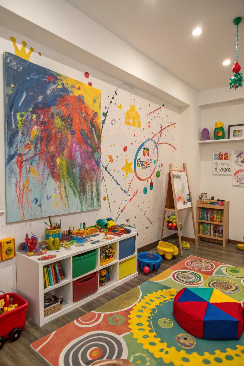 A vibrant pandemonium painting that energizes a lively play zone.