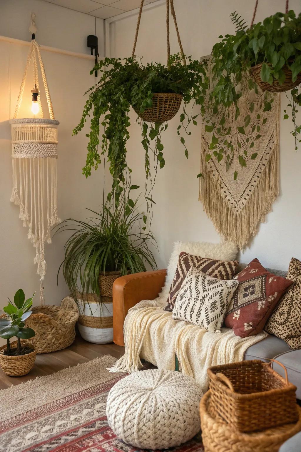 Indoor space featuring suspended plants and boho style.