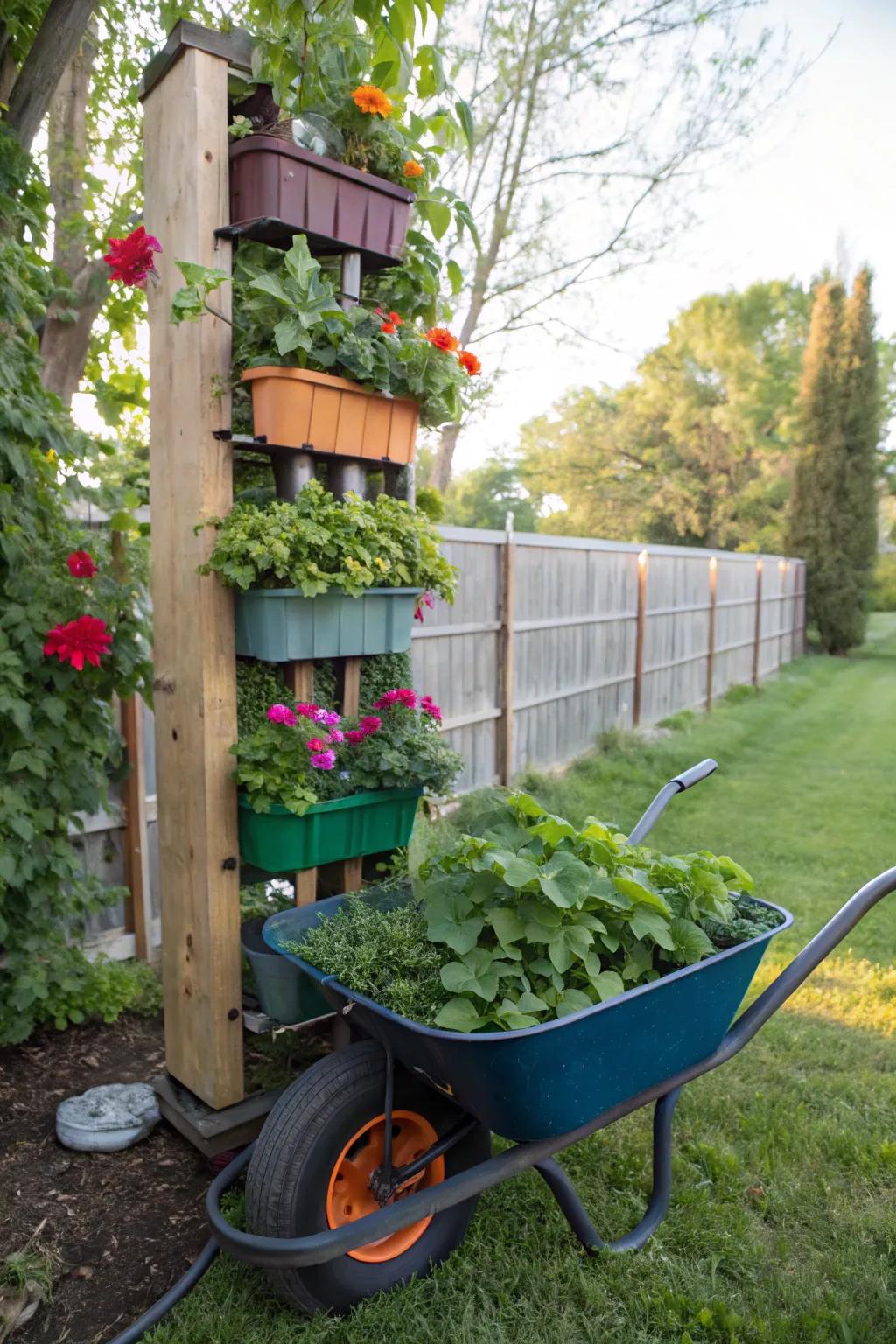 Save space using a multi-tiered garden wheelbarrow.