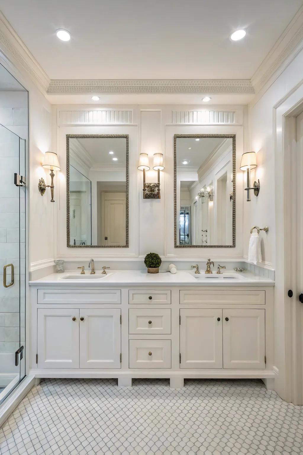 Balanced design brings serenity to this white bathroom.