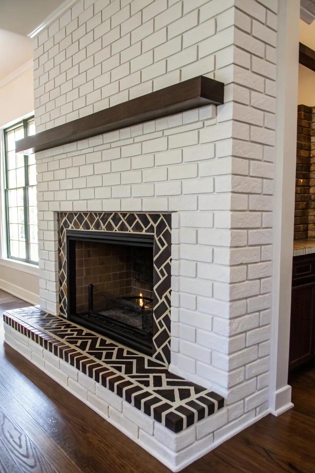 Contrasting grout adds an artistic flair to a white brick fireplace.