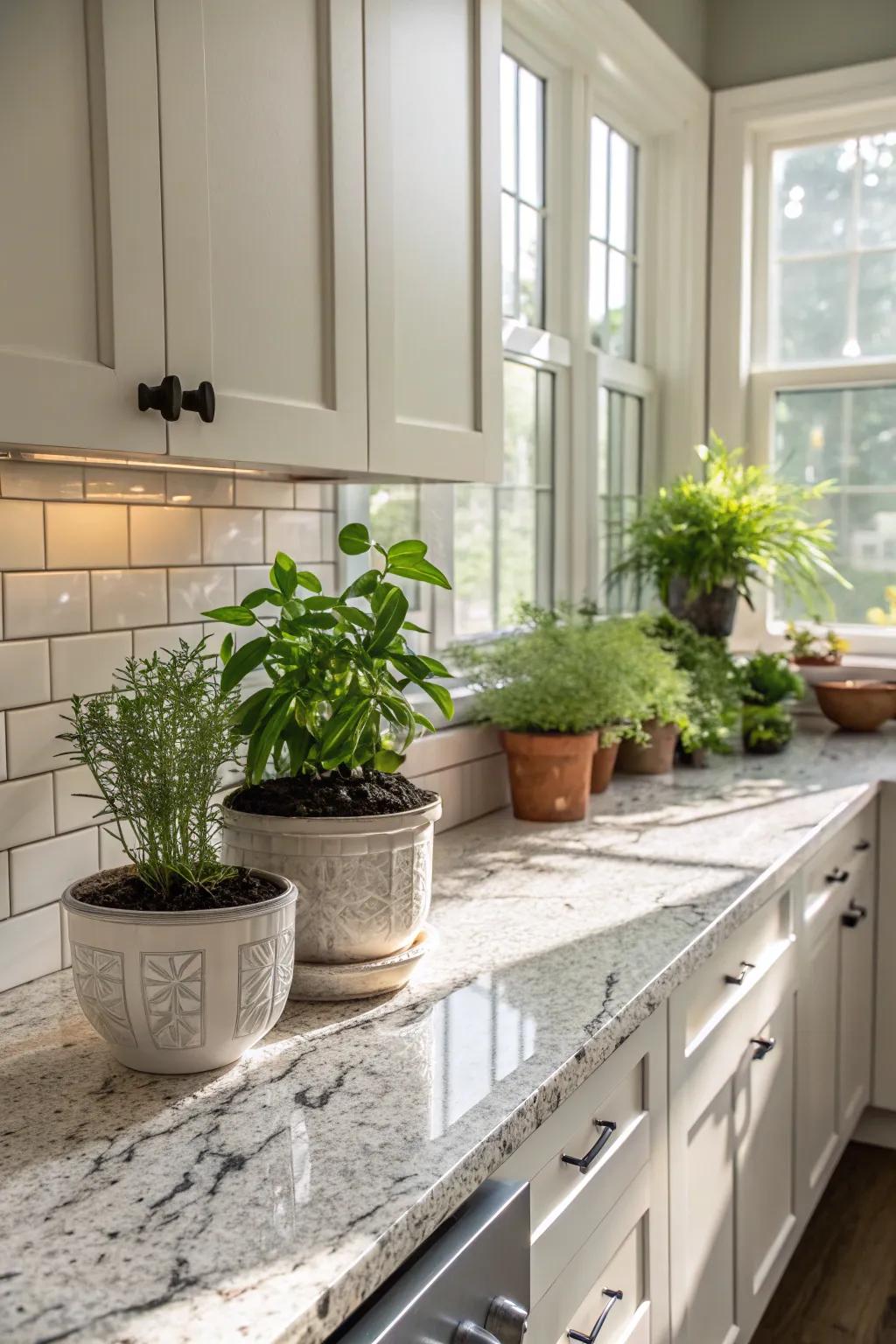 Natural greenery breathes life into a kitchen with frost white granite.