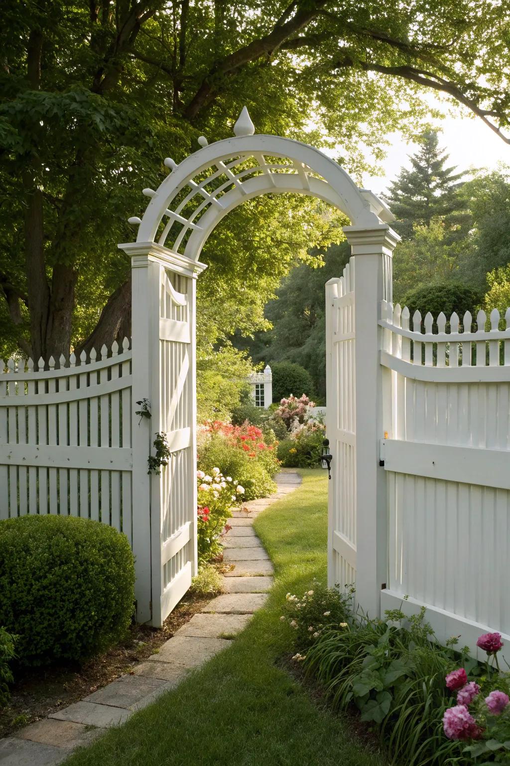 A gate archway turns a white fence into a welcoming garden entrance.