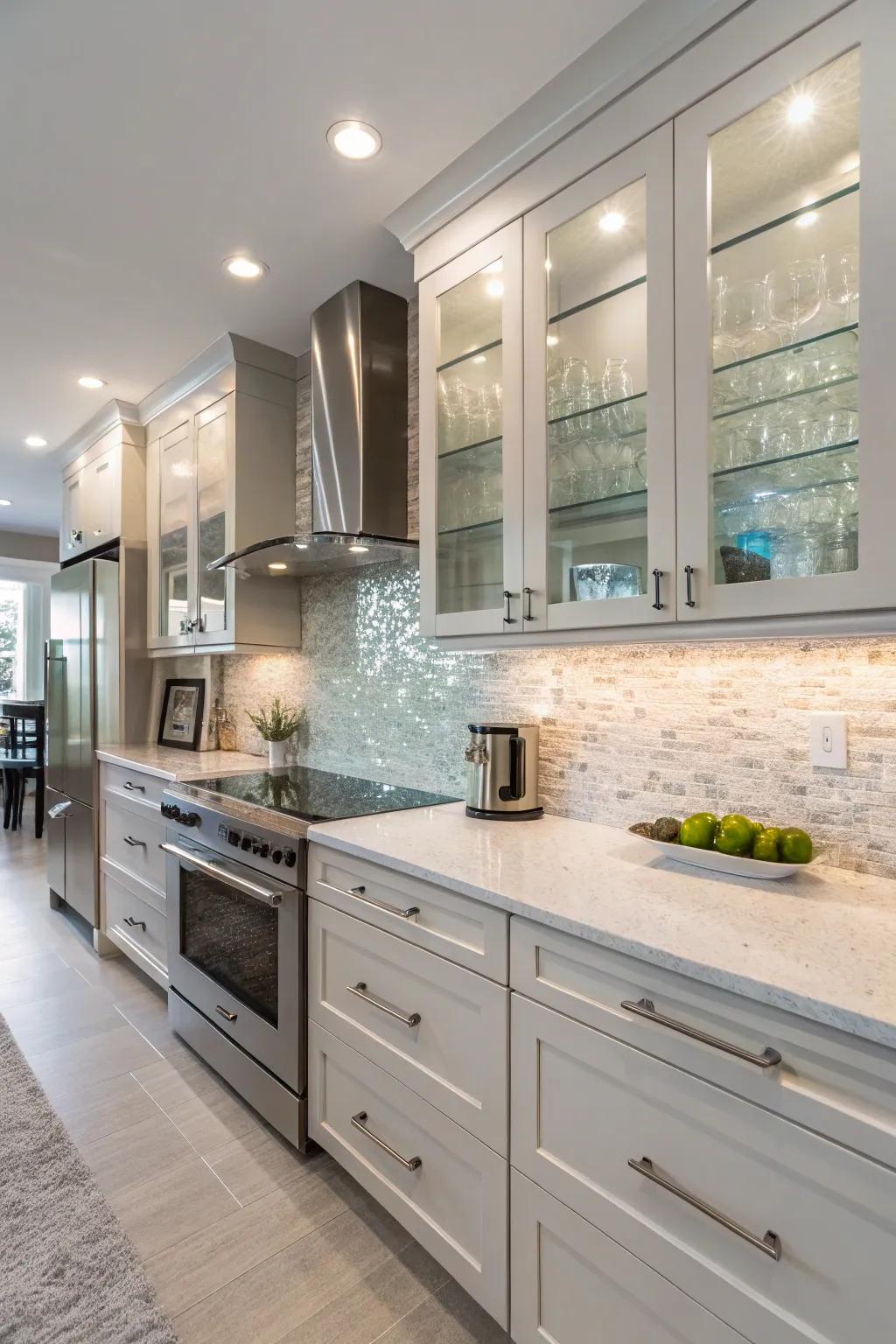 Elegant cooking space that features a crystalized stone backsplash with glass accents.