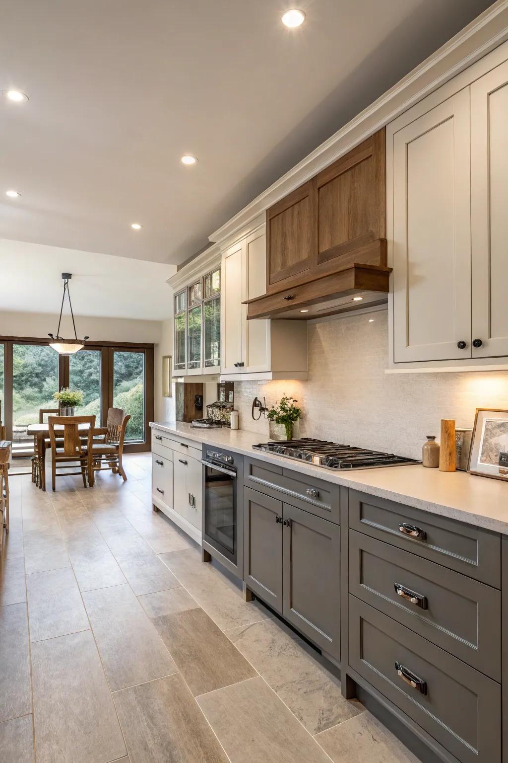 Dual-tone cabinets contributing visual intrigue to a wide galley kitchen.