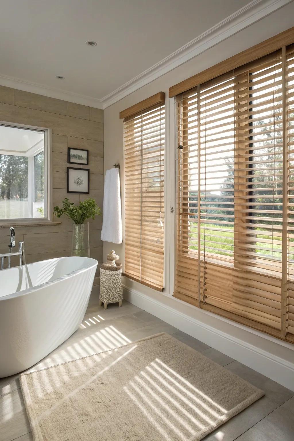 Composite wood coverings enhancing privacy and style in a bath.