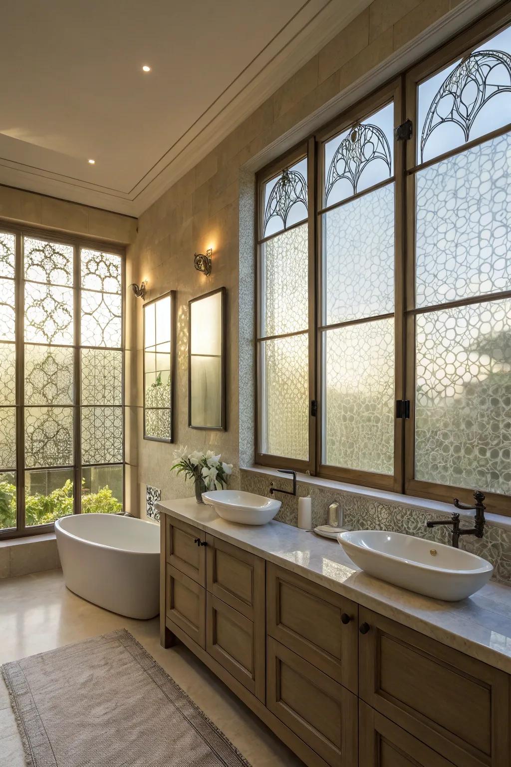 Patterned glass adds artistic privacy.