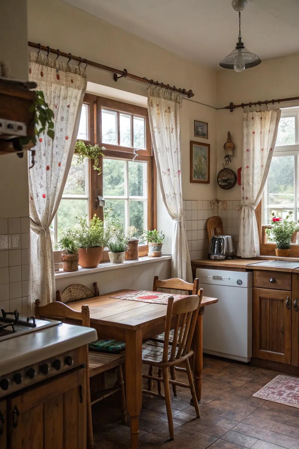 Tiered curtains offer partial privacy with a charming look.