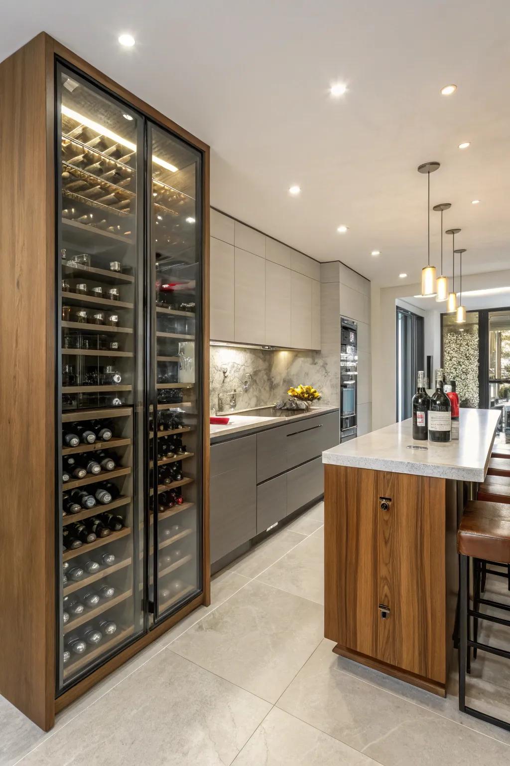 Wine storage towers make effective use of narrow spaces.