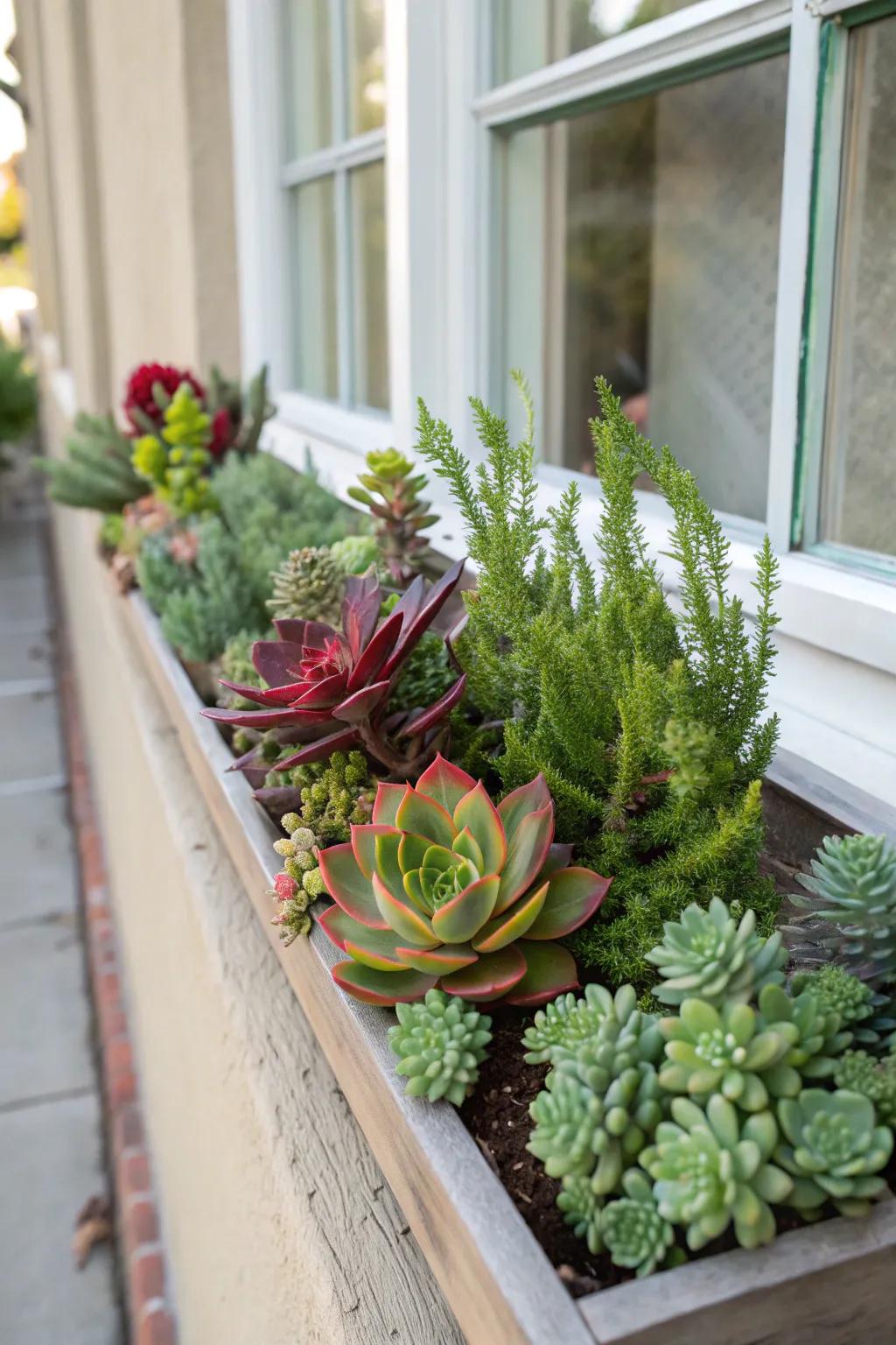 Robust succulents contribute a sculptural element to this winter window box.
