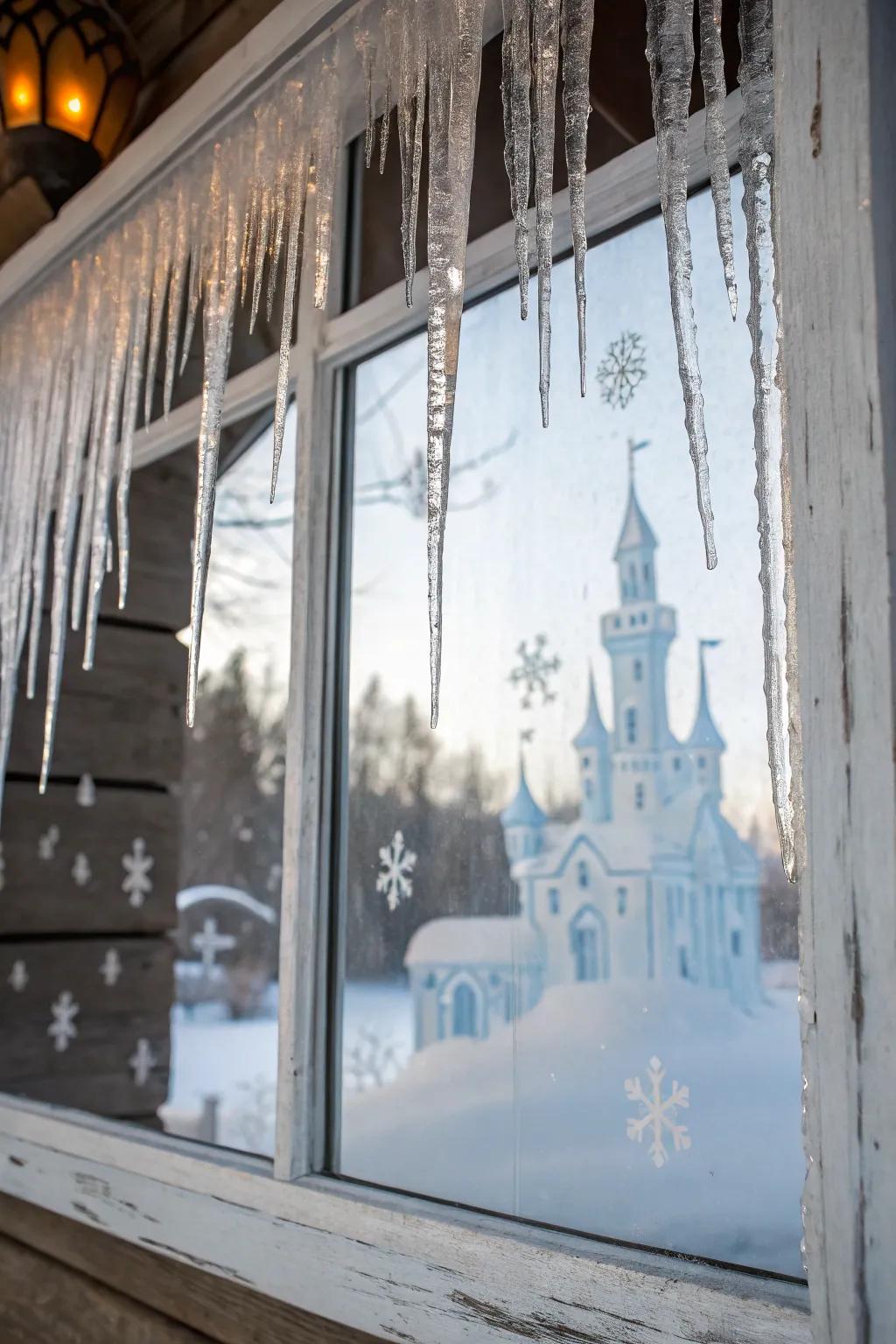 A majestic frozen fortress creates a magical winter wonderland.