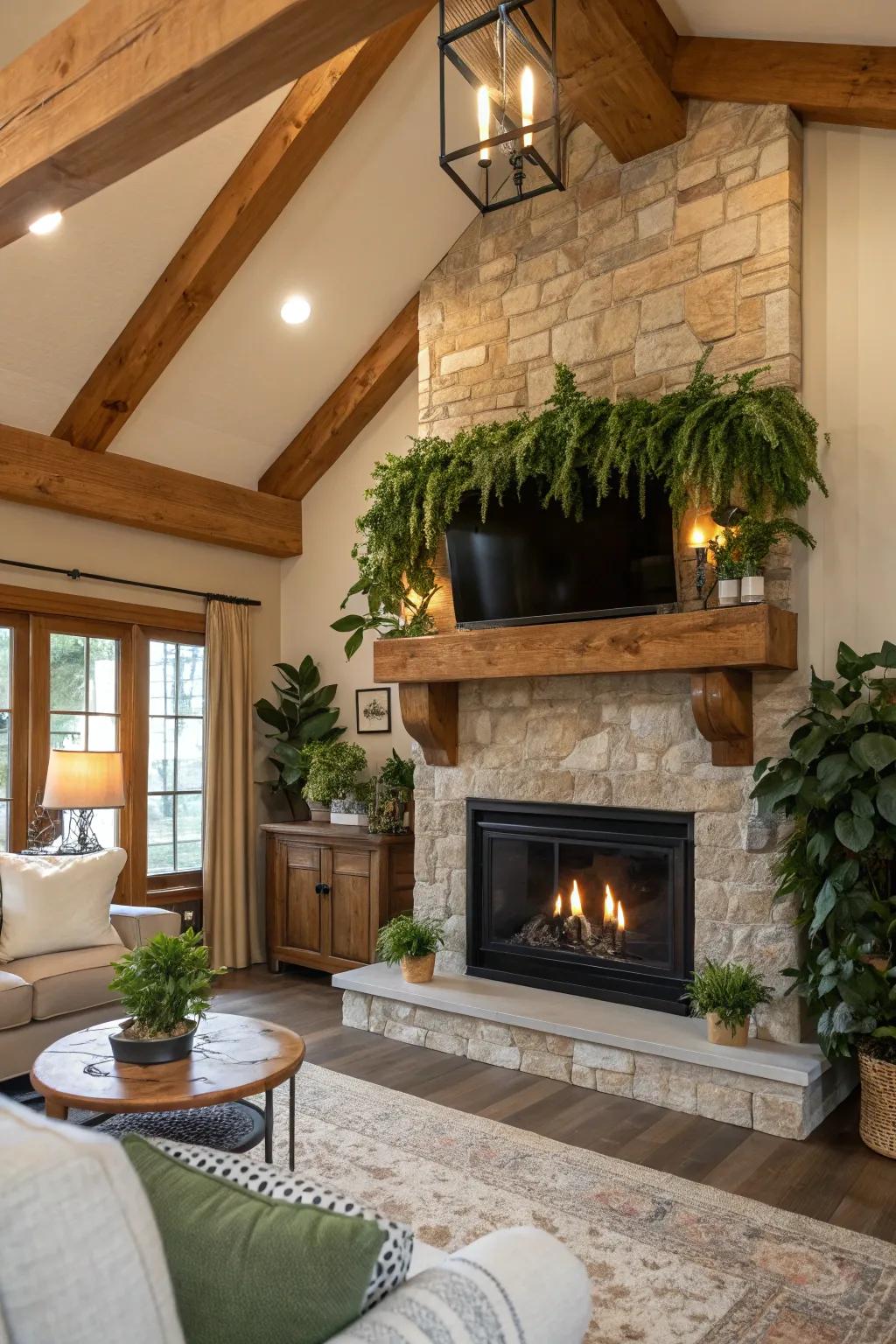 Bring nature indoors with organic decorations around your fireplace.