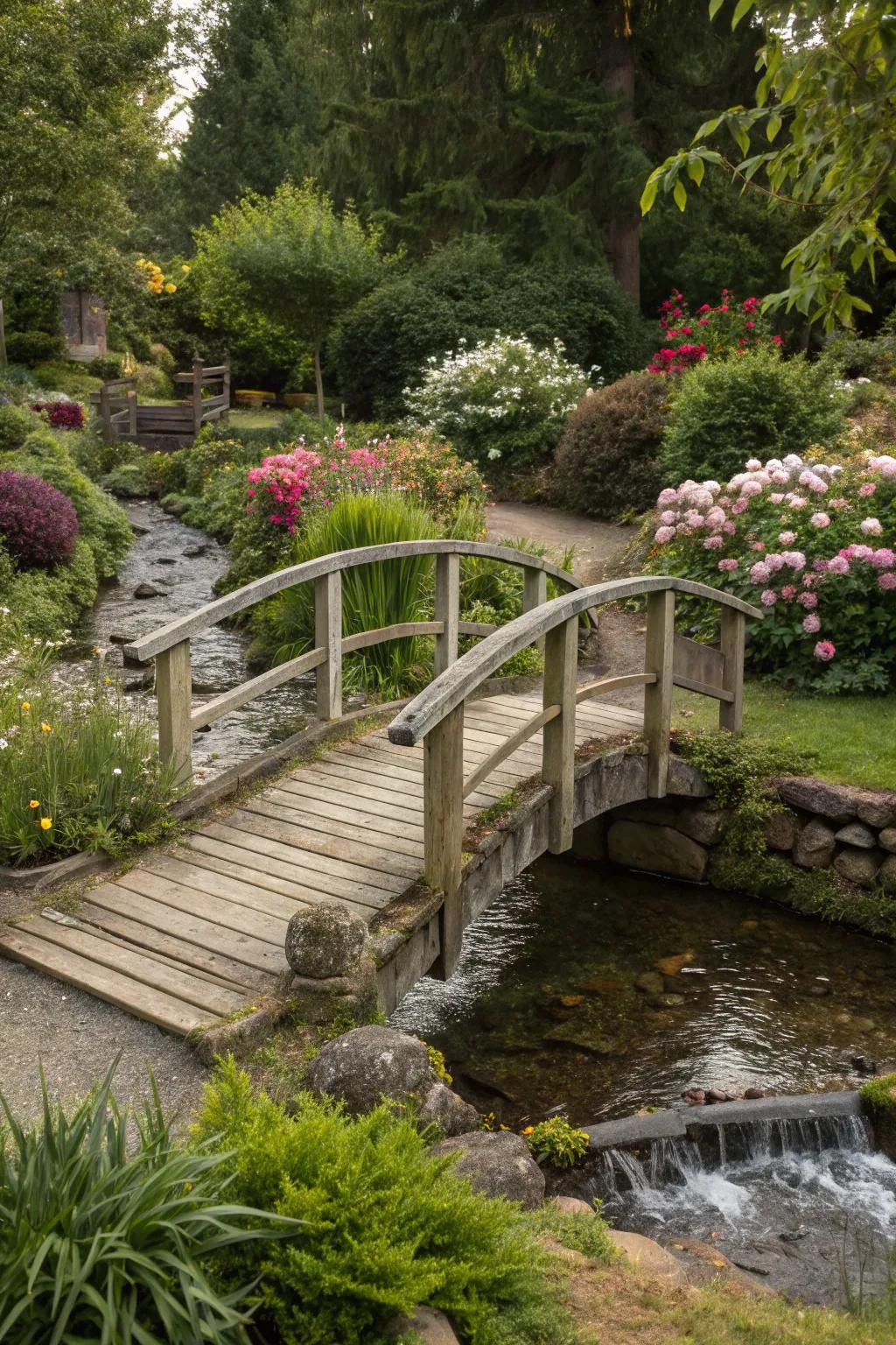 Add a magical element with a quaint wooden bridge.
