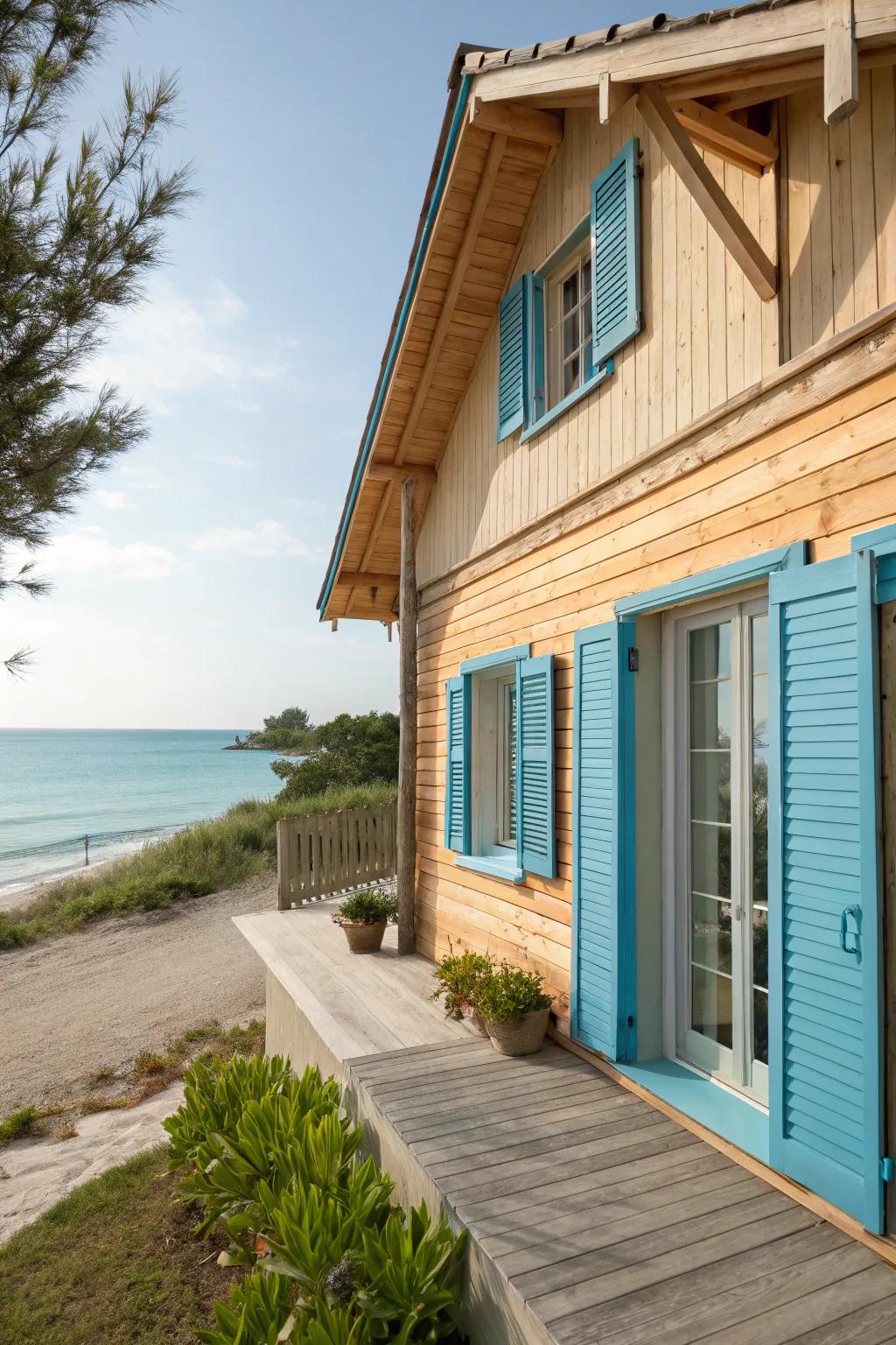 A wood house that embodies cool coastal vibes with its serene color palette.