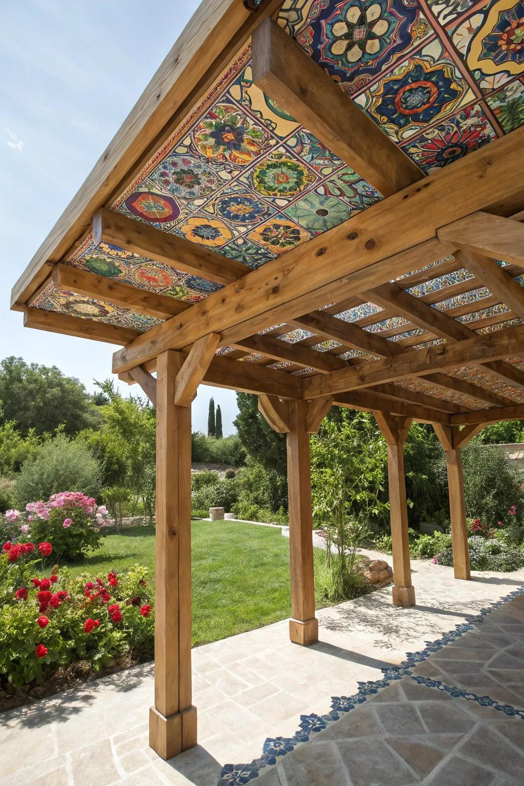 A colorful mosaic ceiling infusing artistic flair into a patio shelter.