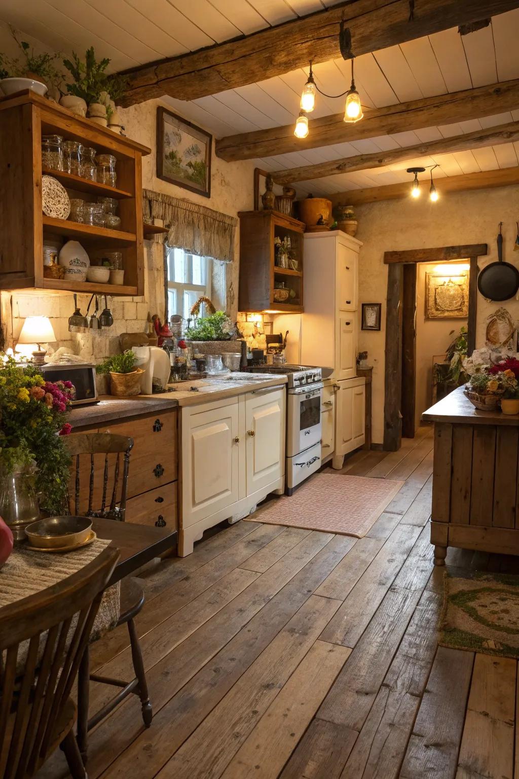 A rustic kitchen featuring varied width wood boards for a natural charm.