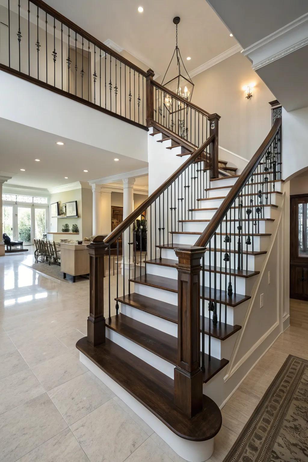 Bold designs: color contrast on wood railing.