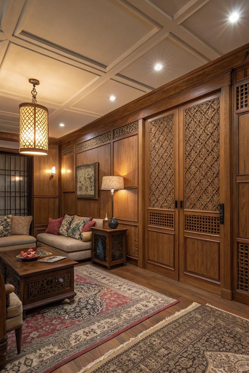 Paneled partitions contribute depth and intrigue to this stylish living space.