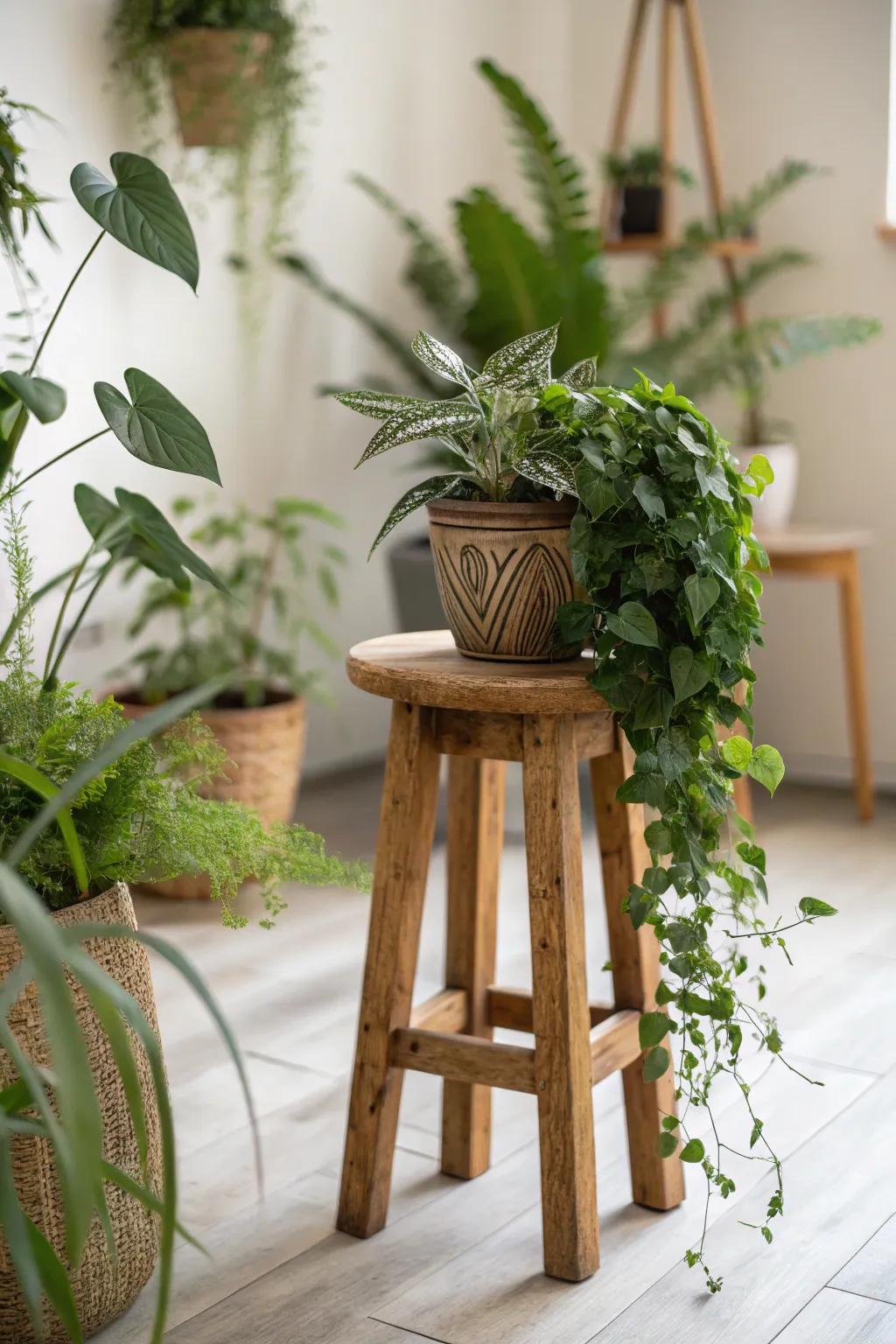 A wooden stool serves as a stylish plant stand, enhancing greenery.