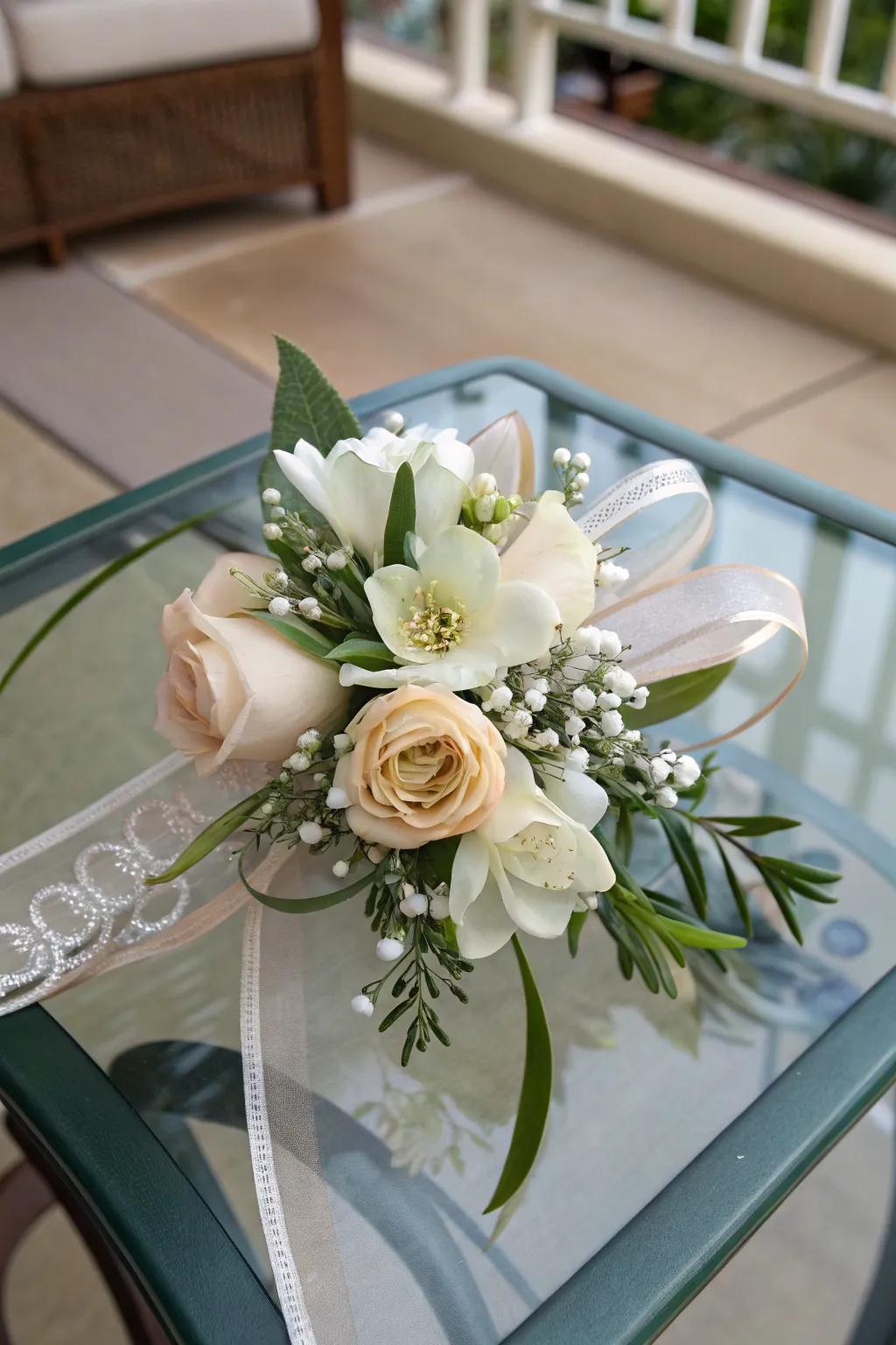Everlasting wrist corsage showcasing stunning silk flowers.