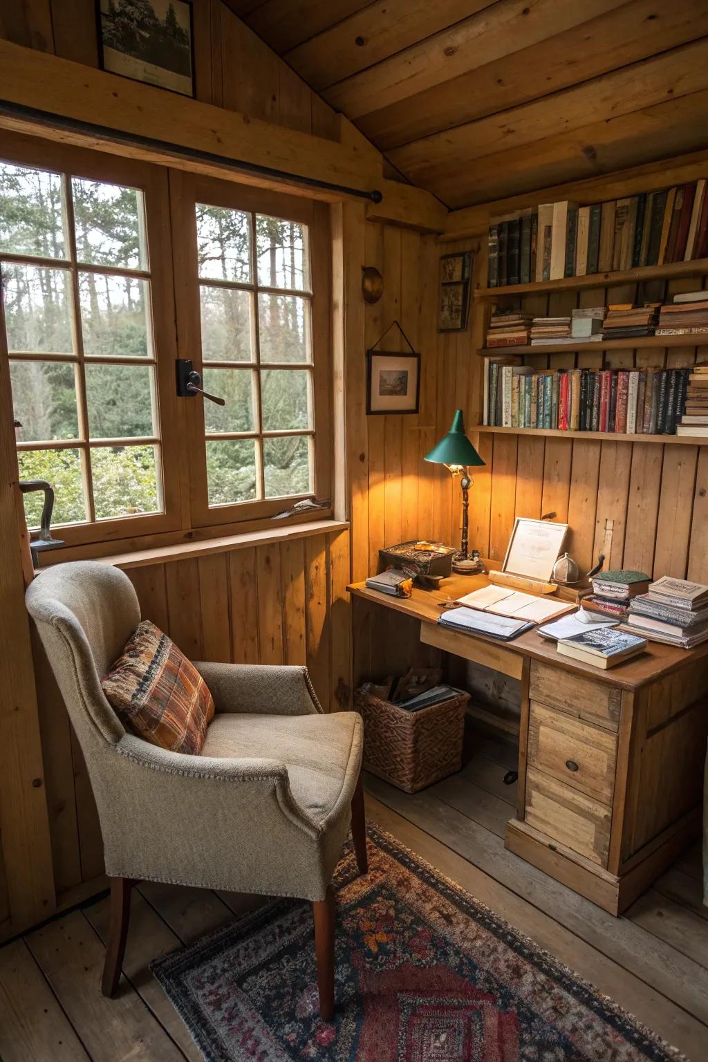 A snug and inviting writing shed perfect for focused work.