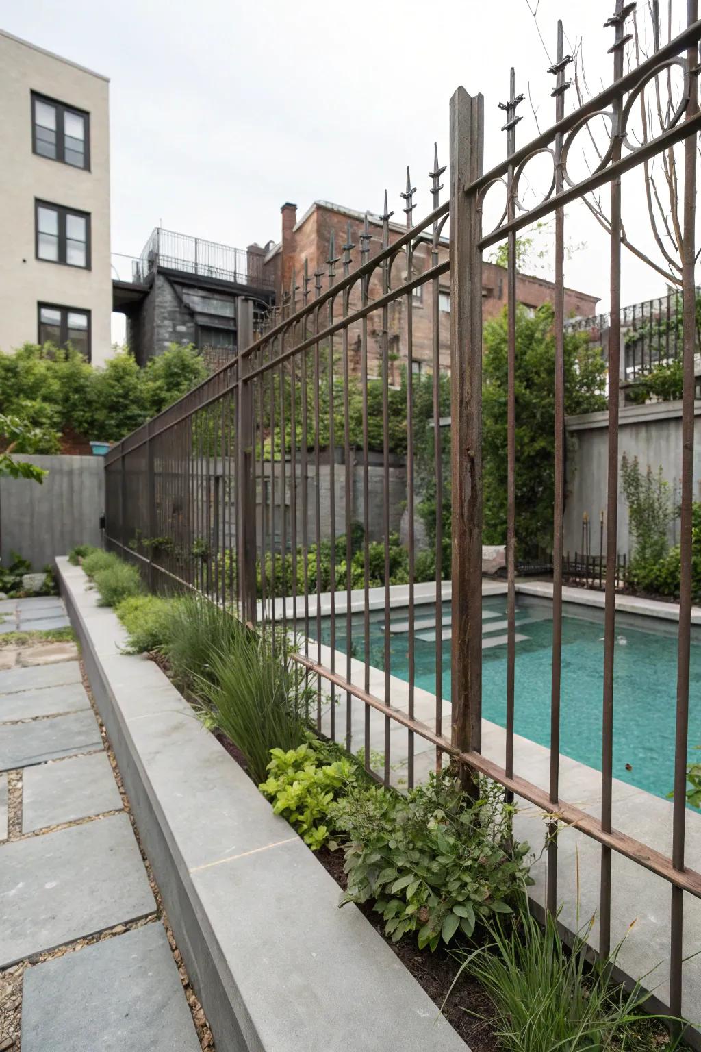 An industrial-style metal rod barrier adds a modern edge to the pool.