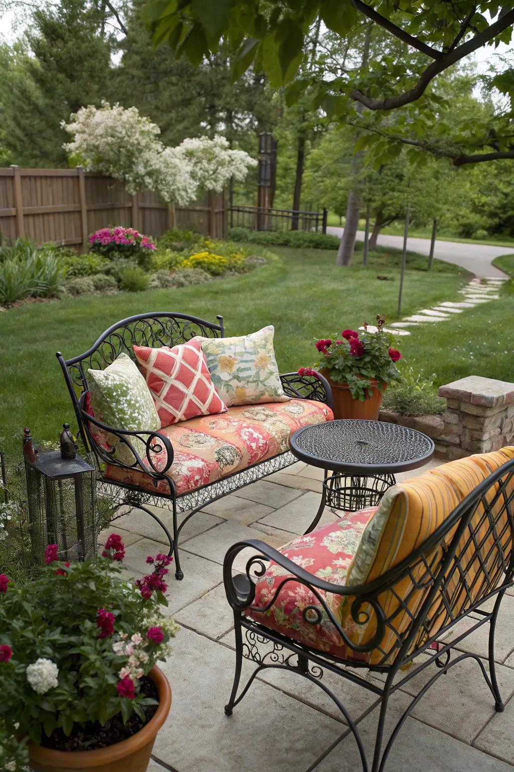 Eclectic cushion styles add a chic touch to wrought iron furniture.