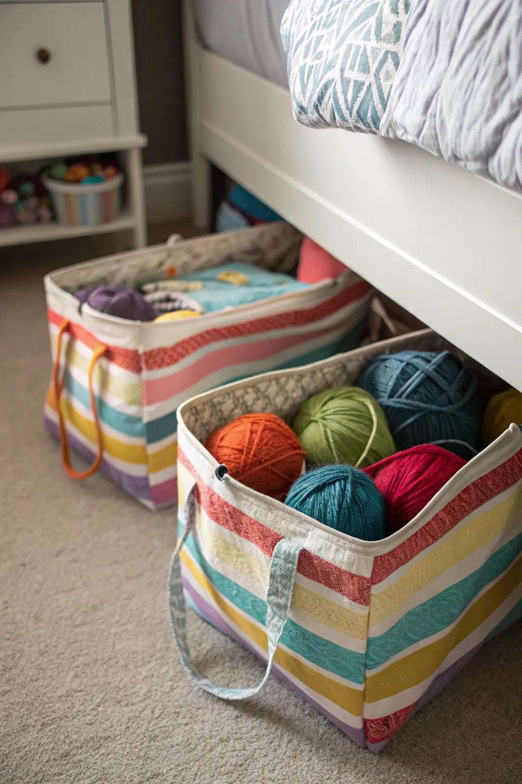 Under-bed storage bags keep yarn out of sight but easily accessible.