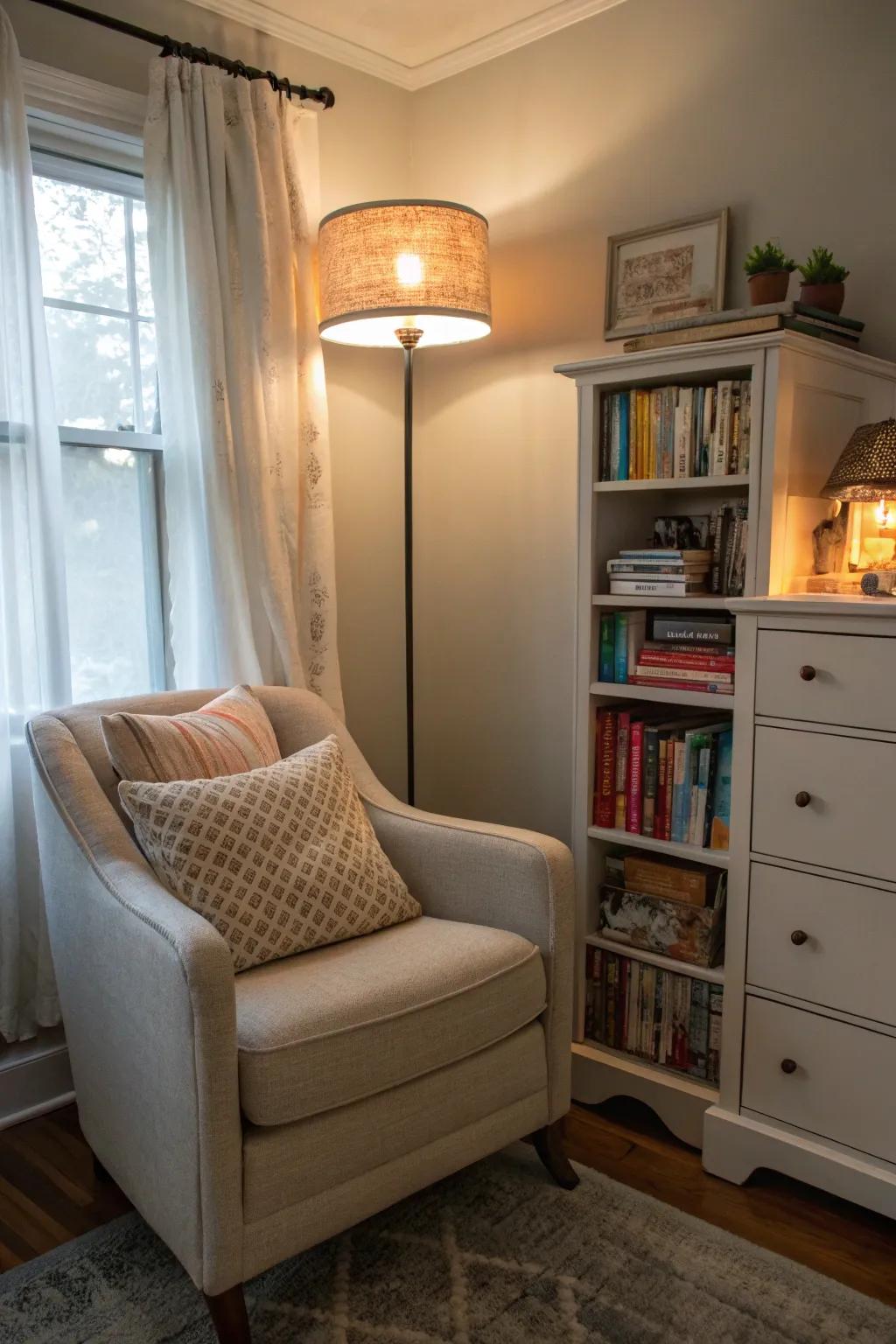 A reading corner offers a relaxing escape for book lovers.
