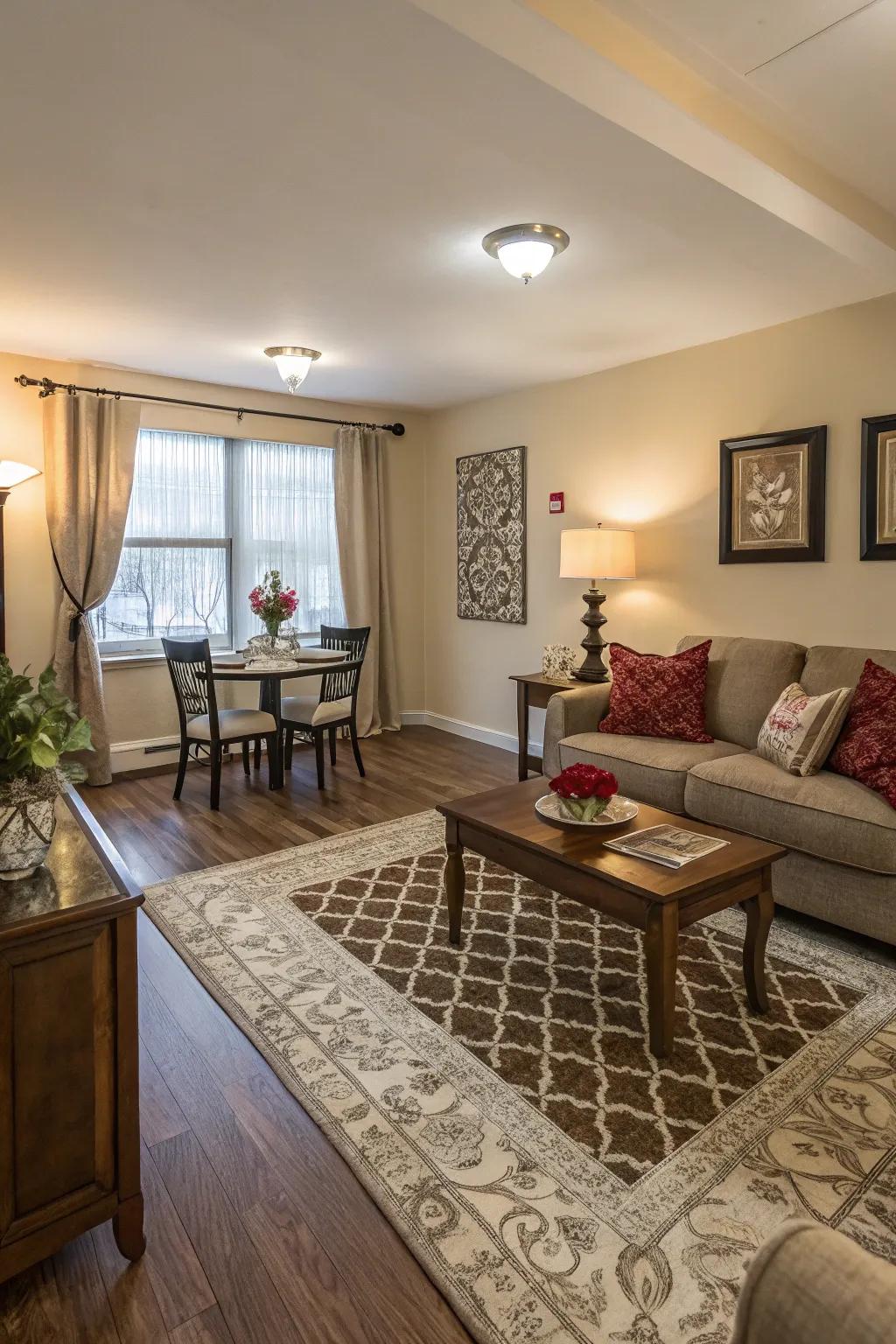 Rugs create distinct zones within a unified space.