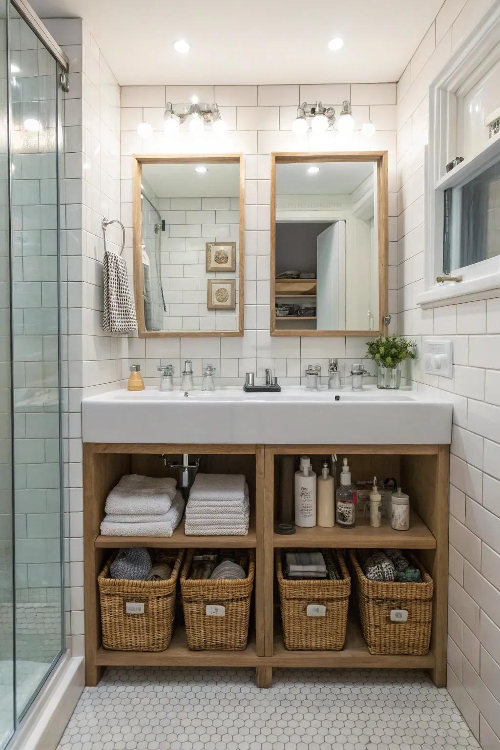 Clever hidden storage niches keeping the bathroom clutter-free.