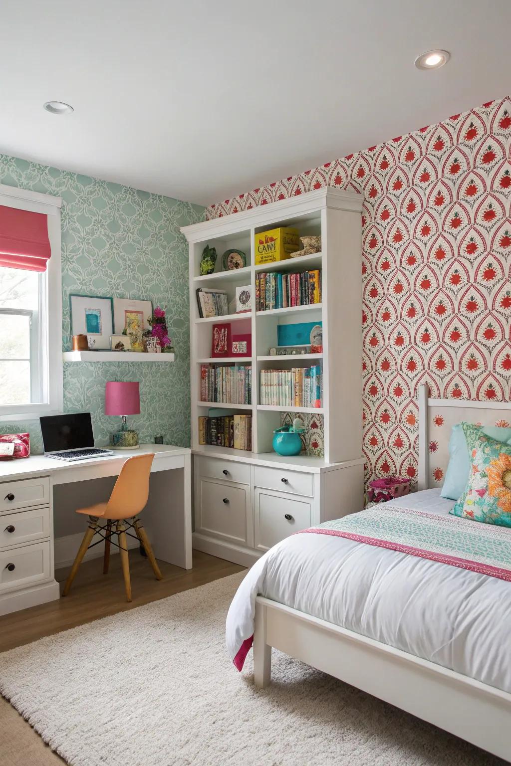 Detailed wallpaper infuses a vibrant center point to the space.