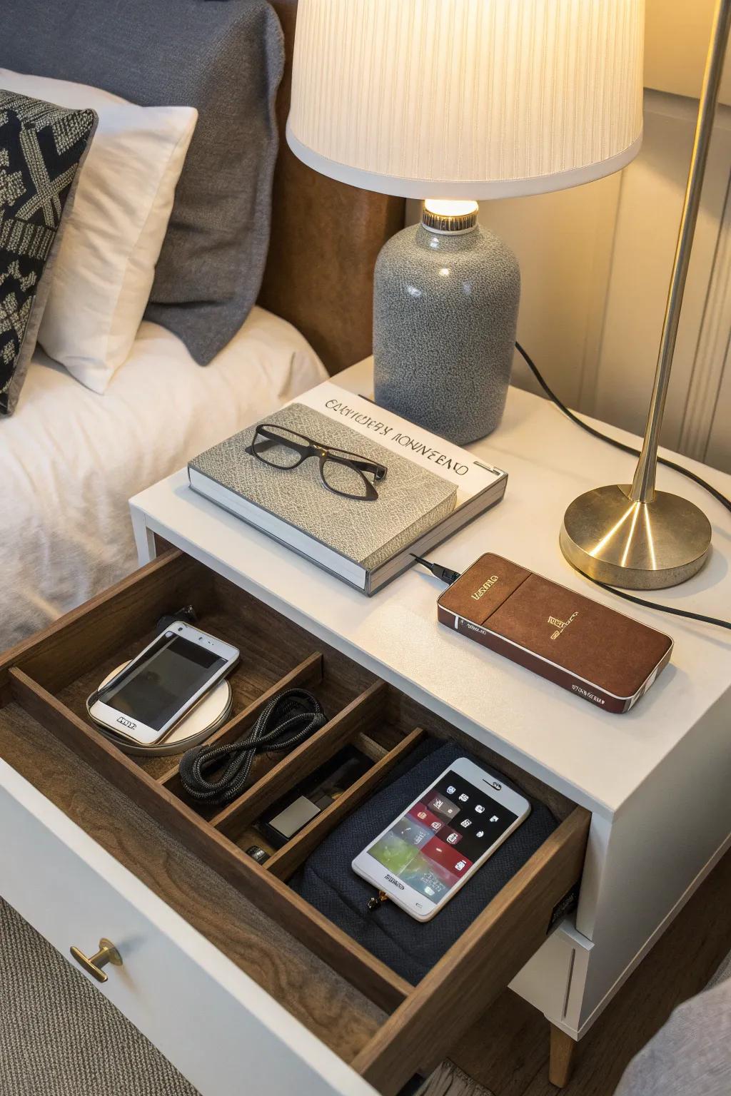 Tech-friendly features keep devices organized and accessible.