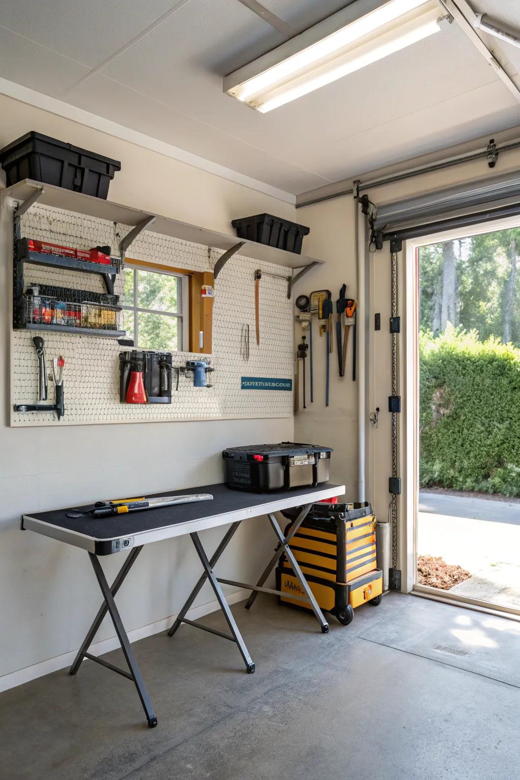 A folding workbench offers flexibility and saves space.