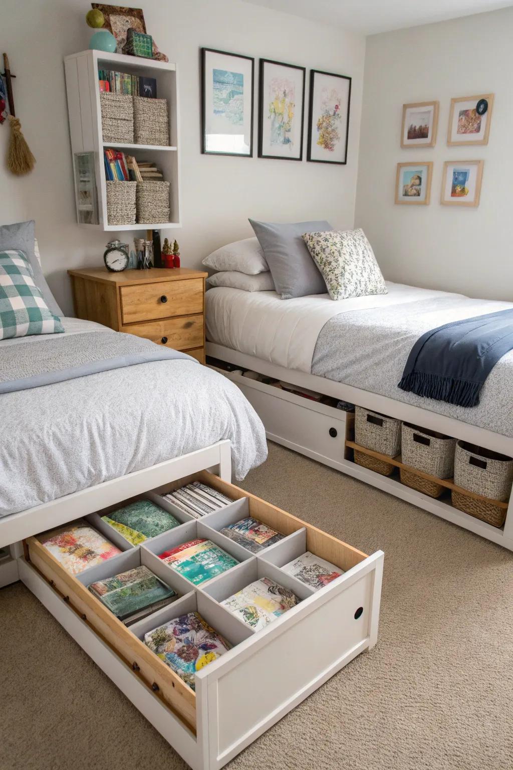 Under-bed storage enhancing efficiency.