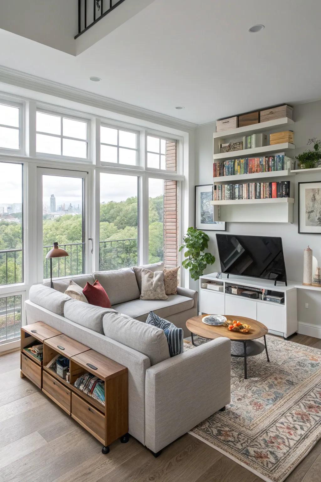 Multi-functional furniture keeps the living room organized.