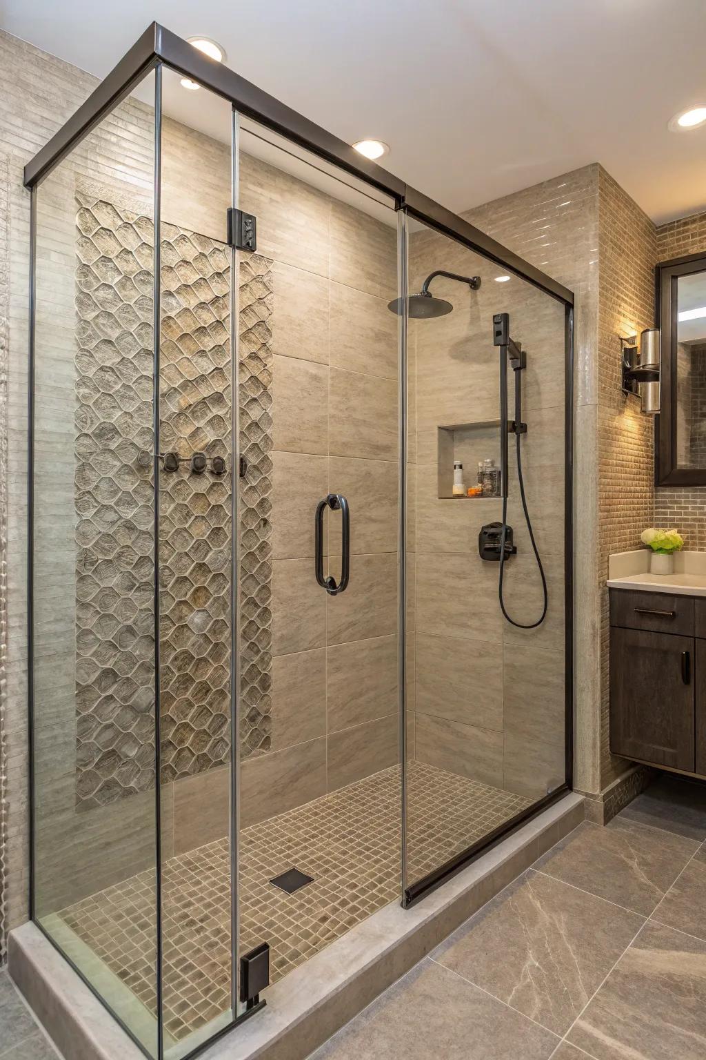 Rough-surface walls enrich depth and character in a small shower.