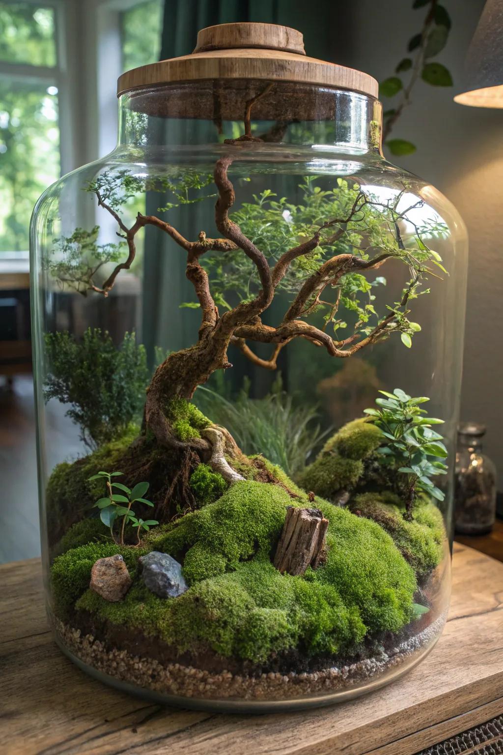 A magical forest terrarium showcasing enchanting elements.
