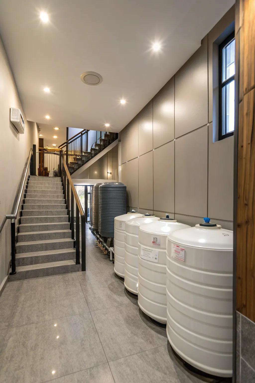 Storage under stairs maximizes the use of space.