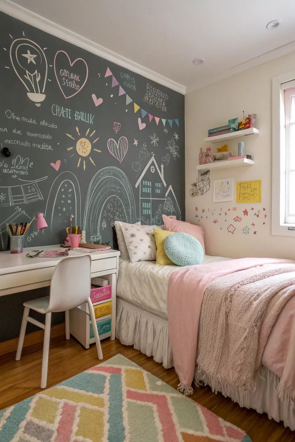 A chalkboard wall fosters creativity and play.