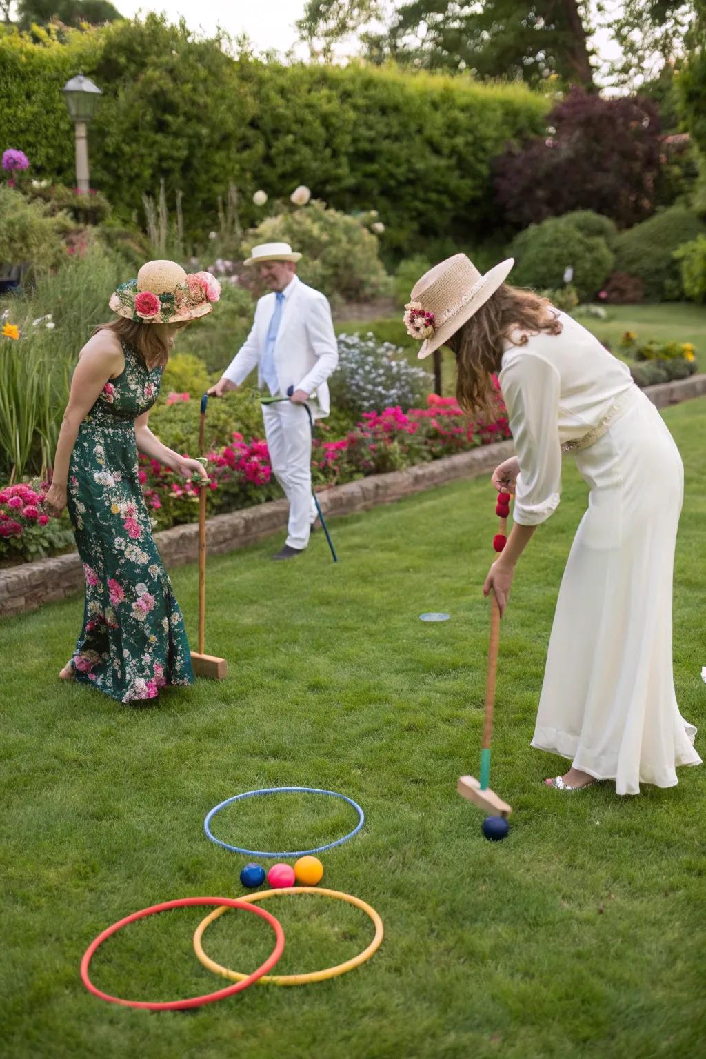 Guests enjoy classic outdoor games in a lush setting.