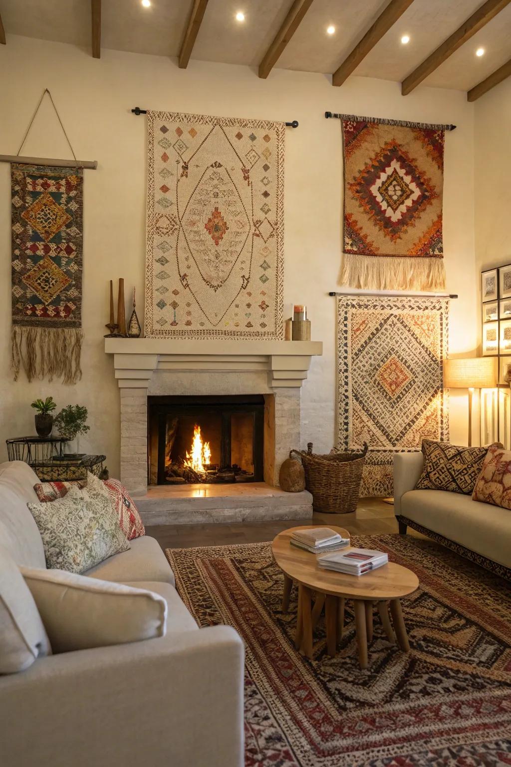 Woven art injects a soft and bohemian accent above the fireplace.