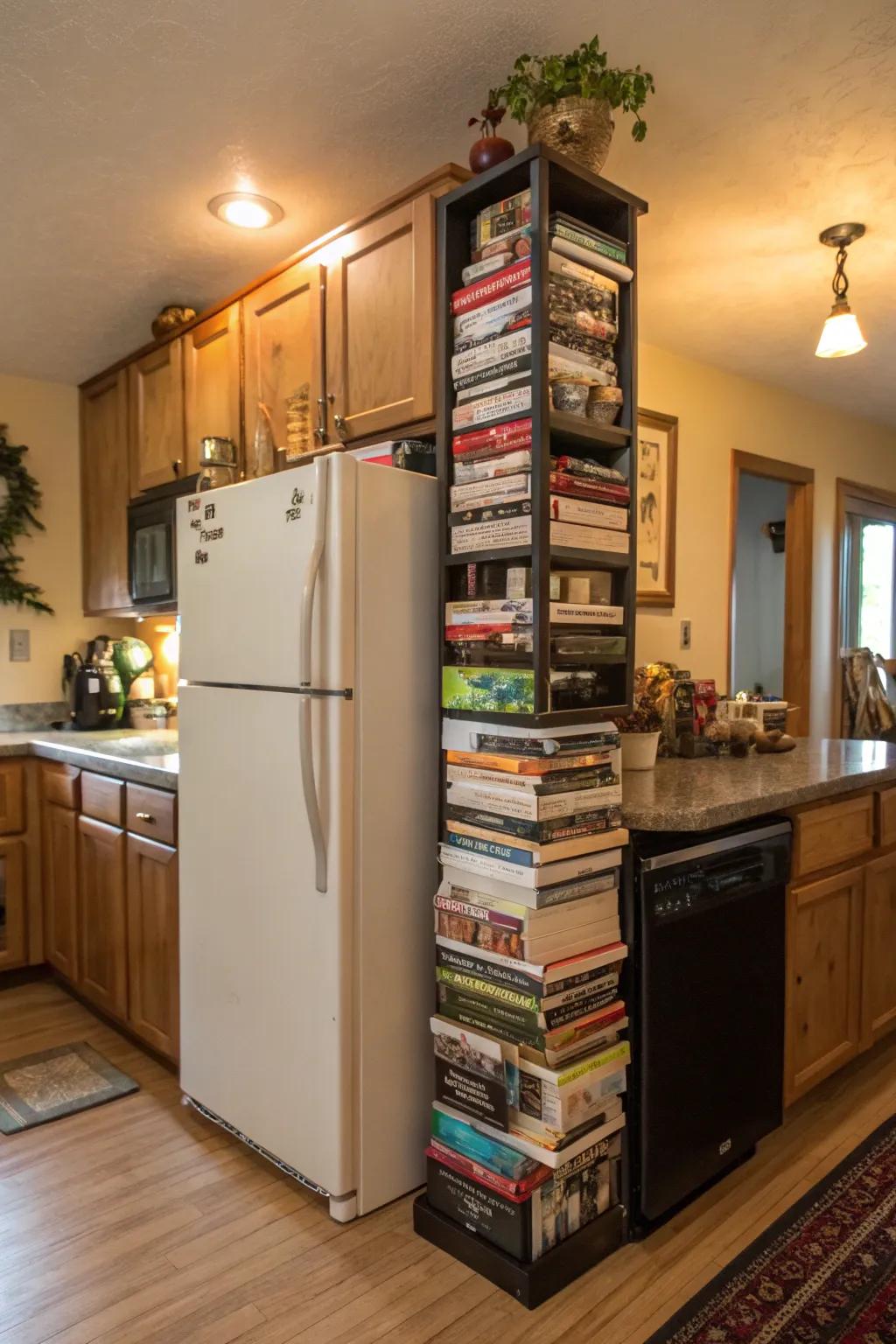 A slim book nook above the fridge provides easy access to reading materials.