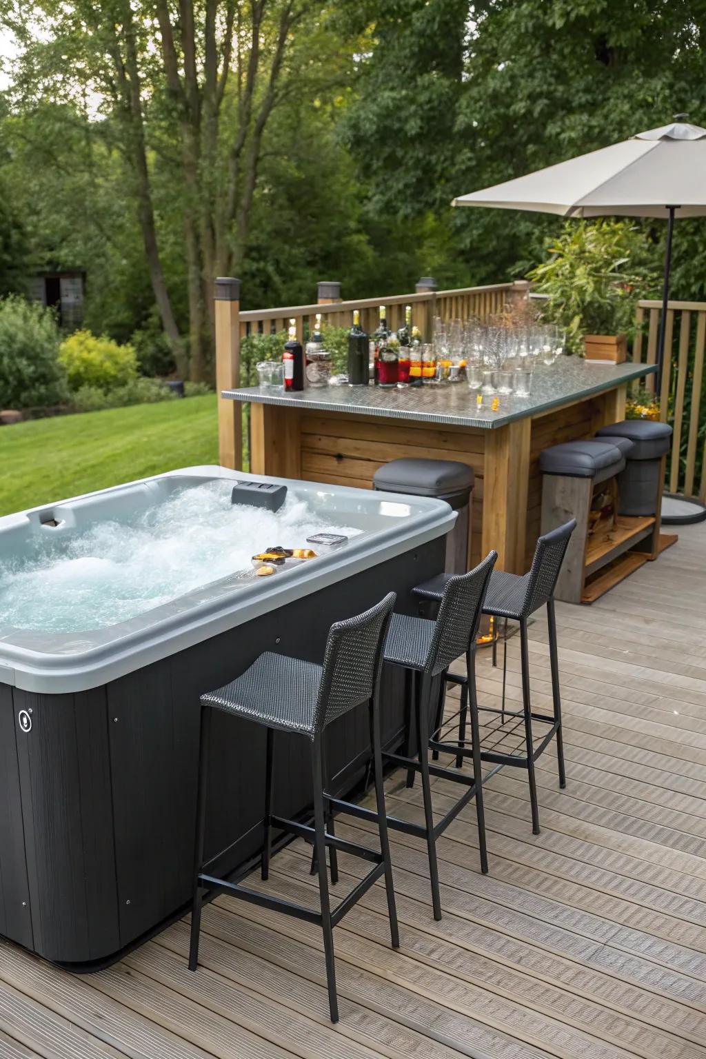 An outdoor bar appends convenience and amusement to your hot tub experience.